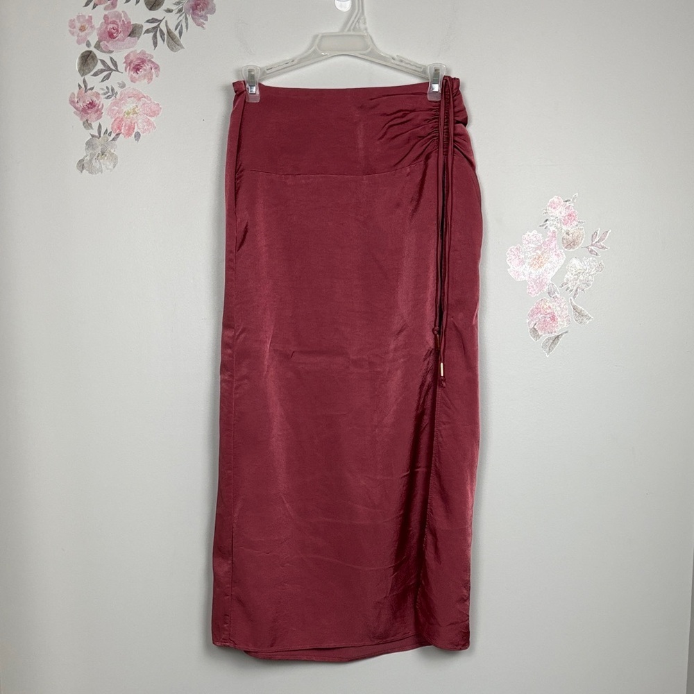 Anthropologie Maroon Silky Skirt with High Slit - Size 4
